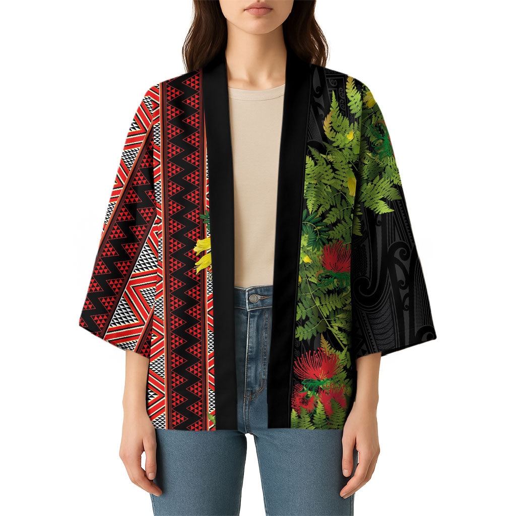 Maori Tukutuku Kimono with Ferns Pohutukawa and Kowhai Tribal Moko Patterns