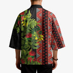Maori Tukutuku Kimono with Ferns Pohutukawa and Kowhai Tribal Moko Patterns