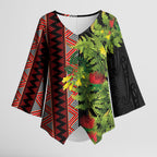 Maori Tukutuku Kimono Sleeve Blouse with Ferns Pohutukawa and Kowhai Tribal Moko Patterns