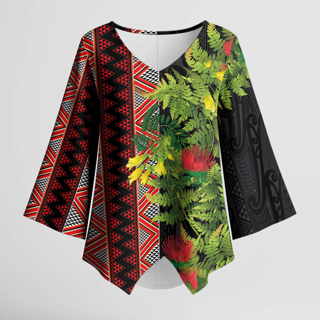 Maori Tukutuku Kimono Sleeve Blouse with Ferns Pohutukawa and Kowhai Tribal Moko Patterns