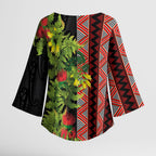 Maori Tukutuku Kimono Sleeve Blouse with Ferns Pohutukawa and Kowhai Tribal Moko Patterns