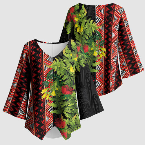 Maori Tukutuku Kimono Sleeve Blouse with Ferns Pohutukawa and Kowhai Tribal Moko Patterns