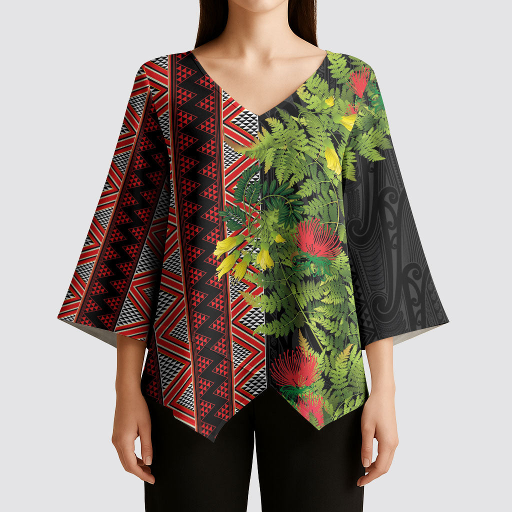 Maori Tukutuku Kimono Sleeve Blouse with Ferns Pohutukawa and Kowhai Tribal Moko Patterns