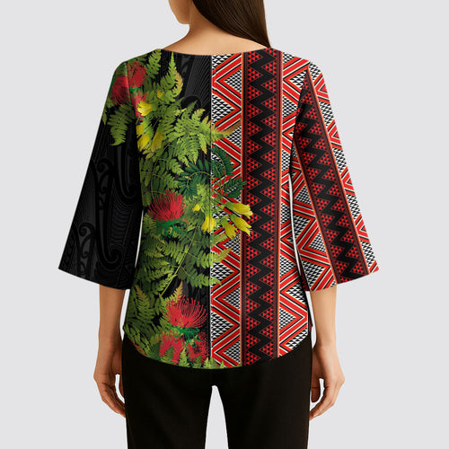 Maori Tukutuku Kimono Sleeve Blouse with Ferns Pohutukawa and Kowhai Tribal Moko Patterns