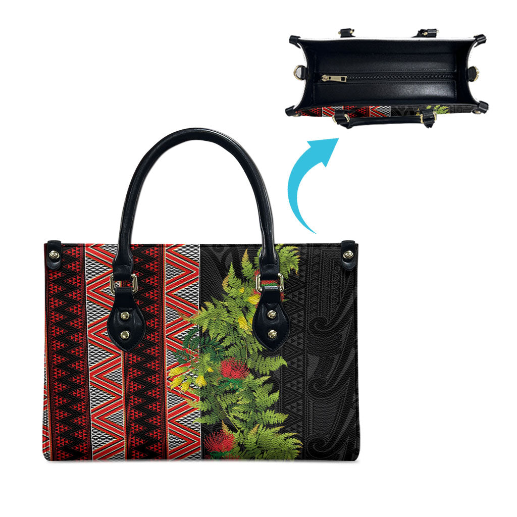 Maori Tukutuku Leather Bag with Ferns Pohutukawa and Kowhai Tribal Moko Patterns