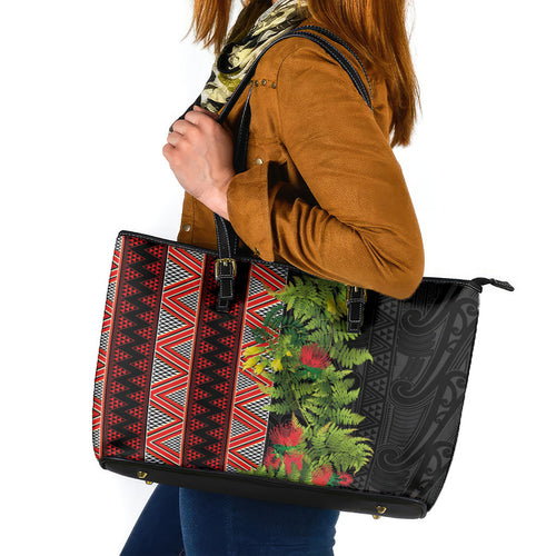 Maori Tukutuku Leather Tote Bag with Ferns Pohutukawa and Kowhai Tribal Moko Patterns
