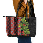 Maori Tukutuku Leather Tote Bag with Ferns Pohutukawa and Kowhai Tribal Moko Patterns