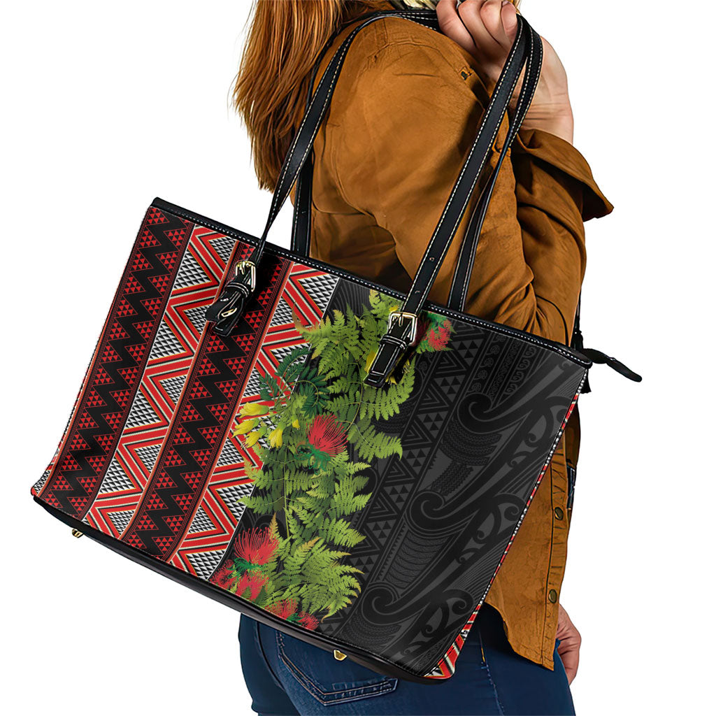 Maori Tukutuku Leather Tote Bag with Ferns Pohutukawa and Kowhai Tribal Moko Patterns