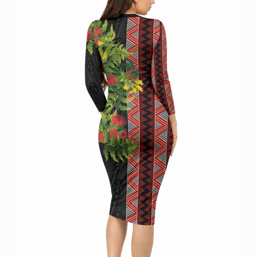 Maori Tukutuku Long Sleeve Bodycon Dress with Ferns Pohutukawa and Kowhai Tribal Moko Patterns