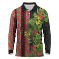 Maori Tukutuku Long Sleeve Polo Shirt with Ferns Pohutukawa and Kowhai Tribal Moko Patterns