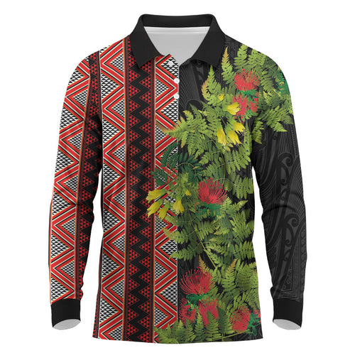 Maori Tukutuku Long Sleeve Polo Shirt with Ferns Pohutukawa and Kowhai Tribal Moko Patterns