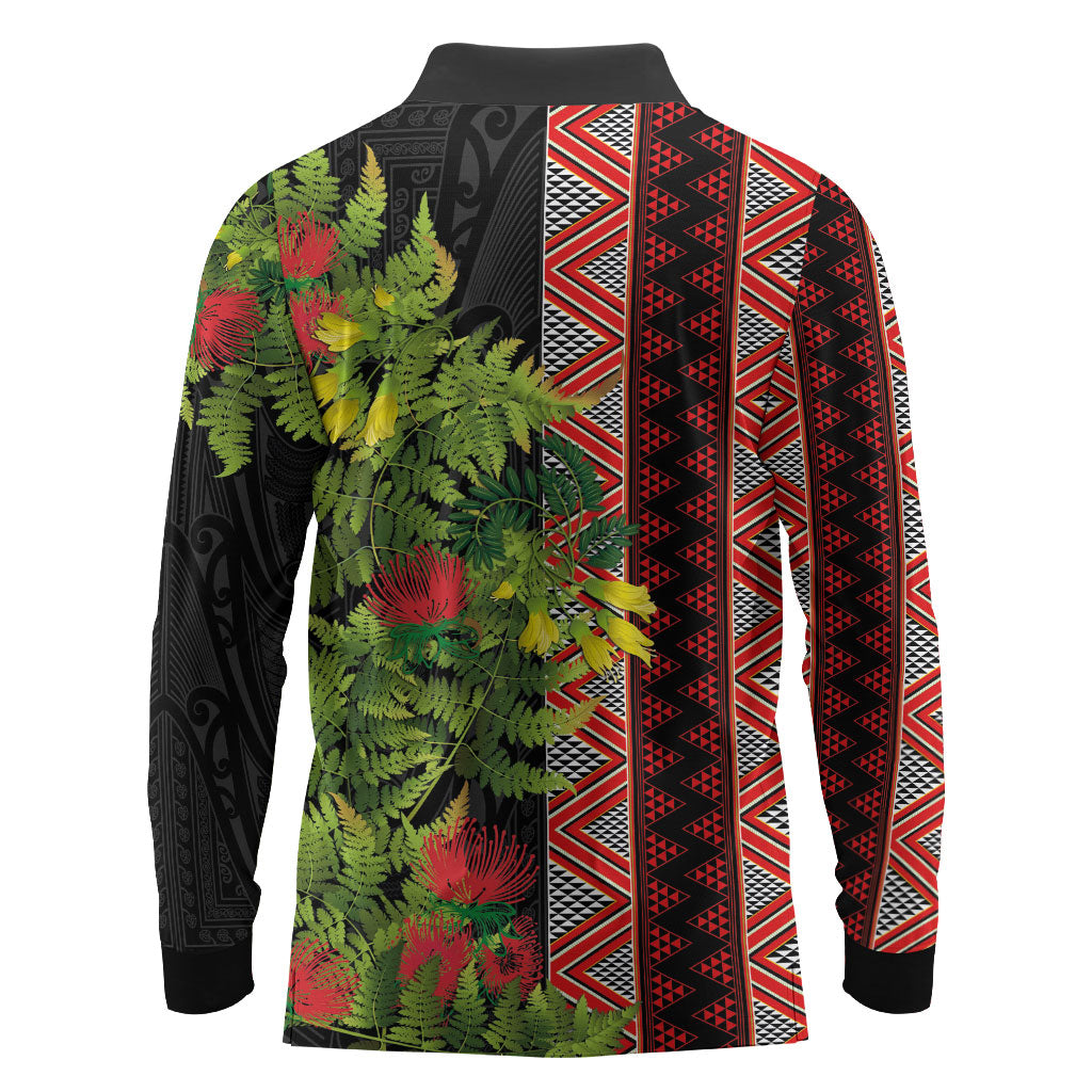 Maori Tukutuku Long Sleeve Polo Shirt with Ferns Pohutukawa and Kowhai Tribal Moko Patterns
