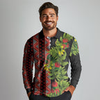Maori Tukutuku Long Sleeve Polo Shirt with Ferns Pohutukawa and Kowhai Tribal Moko Patterns