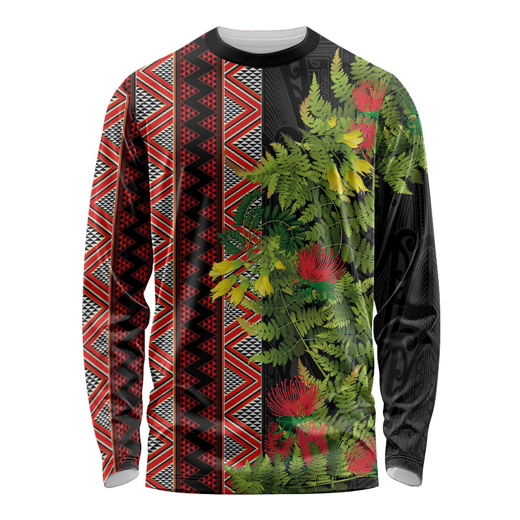 Maori Tukutuku Long Sleeve Shirt with Ferns Pohutukawa and Kowhai Tribal Moko Patterns