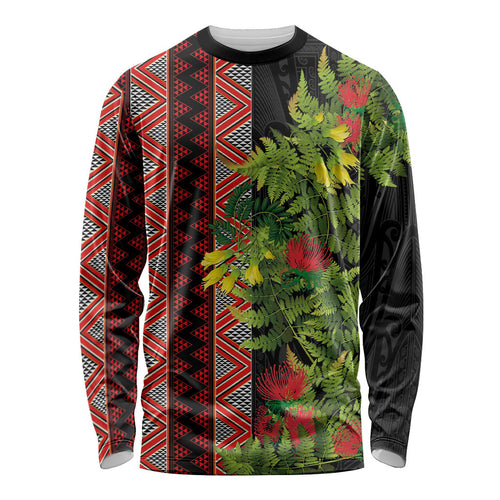 Maori Tukutuku Long Sleeve Shirt with Ferns Pohutukawa and Kowhai Tribal Moko Patterns