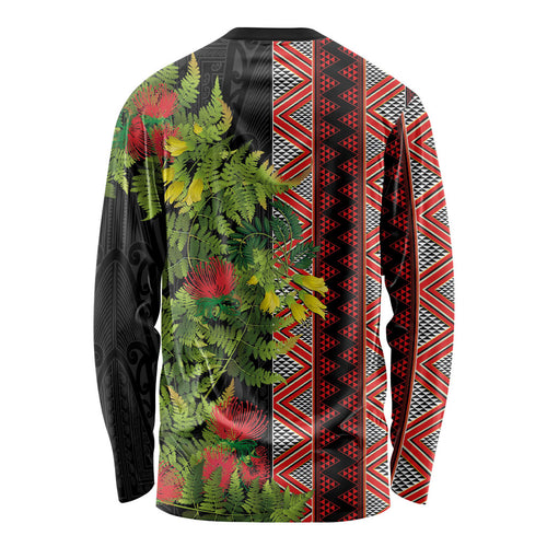 Maori Tukutuku Long Sleeve Shirt with Ferns Pohutukawa and Kowhai Tribal Moko Patterns