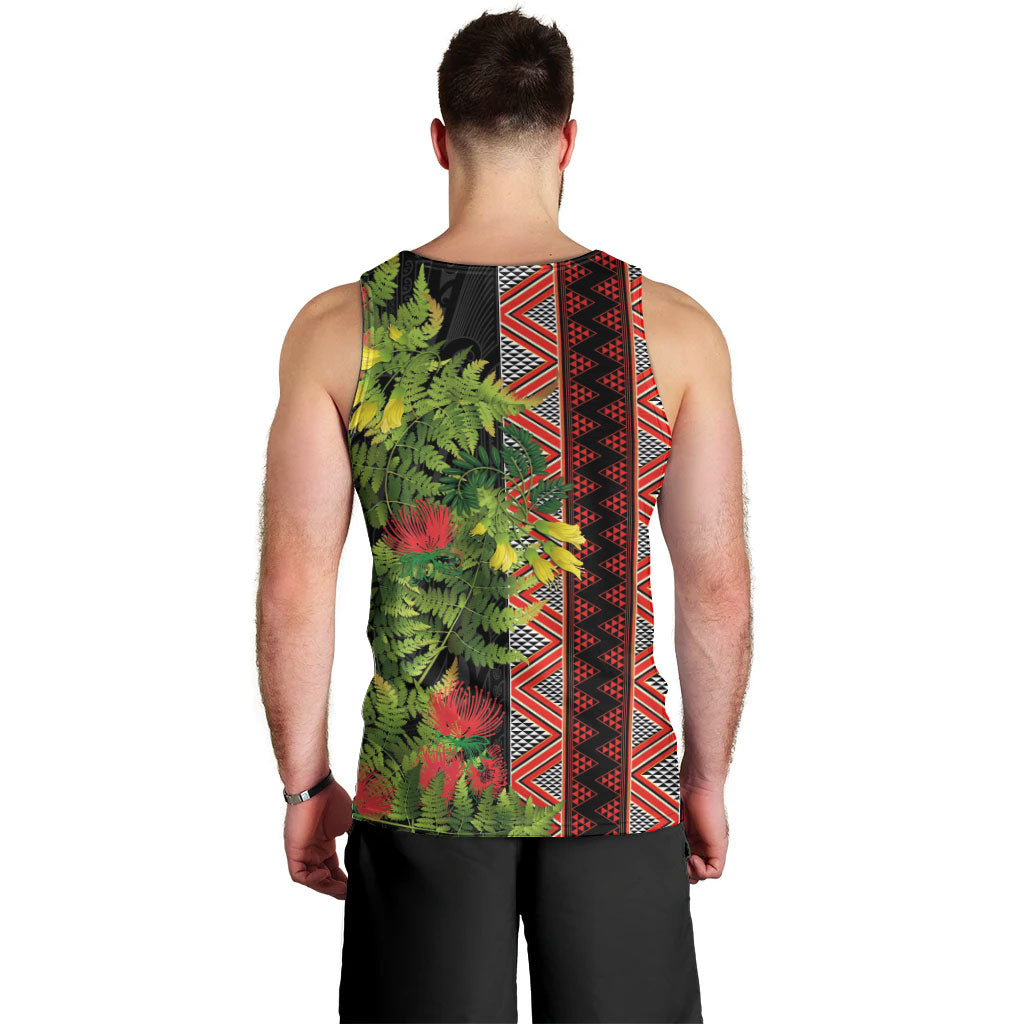 Maori Tukutuku Men Tank Top with Ferns Pohutukawa and Kowhai Tribal Moko Patterns