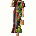 Maori Tukutuku Mermaid Dress with Ferns Pohutukawa and Kowhai Tribal Moko Patterns