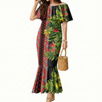Maori Tukutuku Mermaid Dress with Ferns Pohutukawa and Kowhai Tribal Moko Patterns