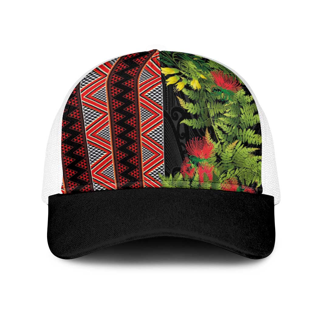 Maori Tukutuku Mesh Trucker Cap with Ferns Pohutukawa and Kowhai Tribal Moko Patterns