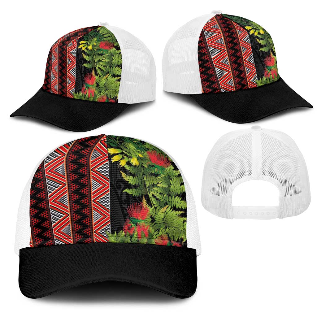 Maori Tukutuku Mesh Trucker Cap with Ferns Pohutukawa and Kowhai Tribal Moko Patterns