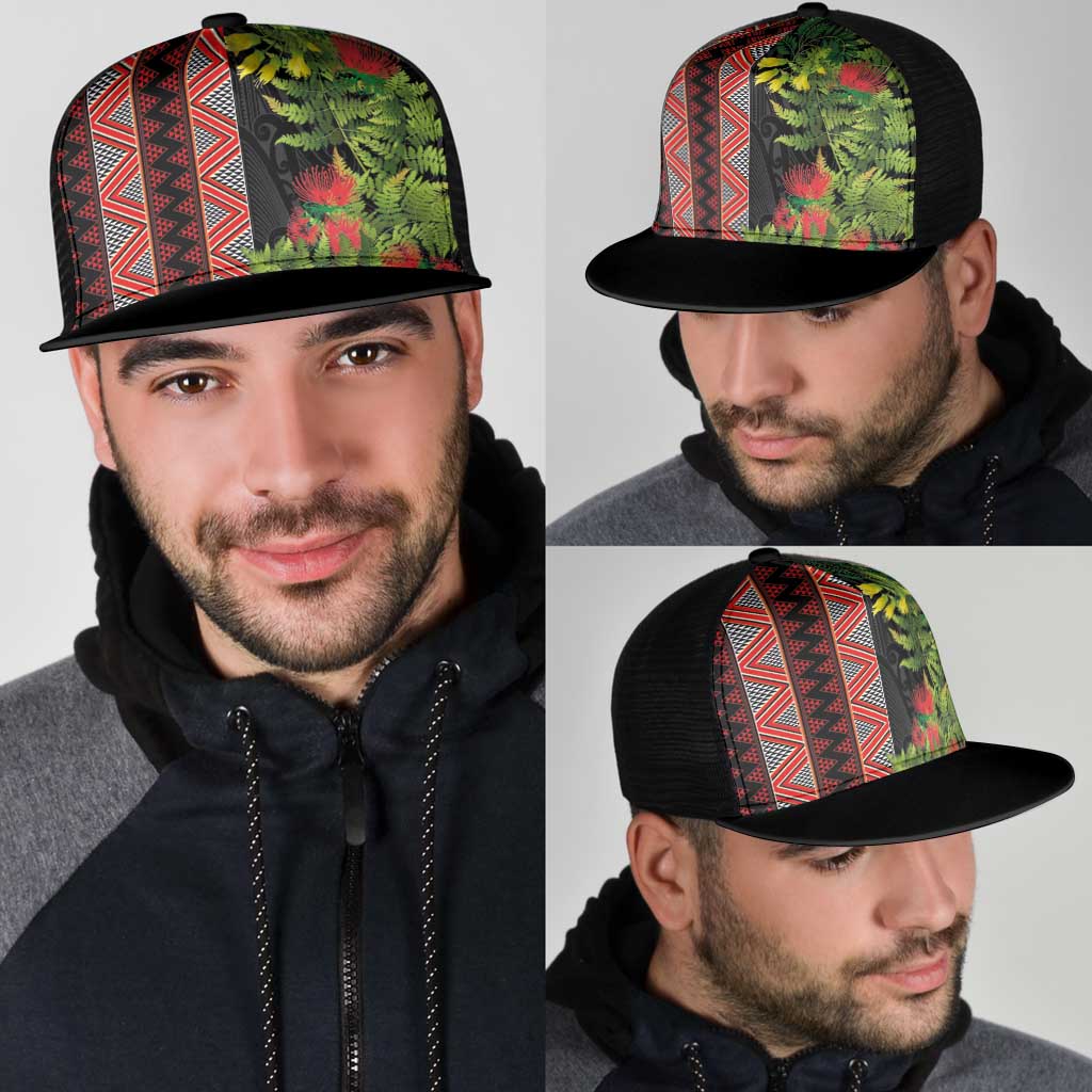 Maori Tukutuku Mesh Trucker Cap with Ferns Pohutukawa and Kowhai Tribal Moko Patterns