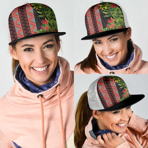 Maori Tukutuku Mesh Trucker Cap with Ferns Pohutukawa and Kowhai Tribal Moko Patterns