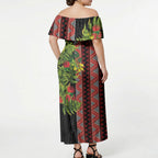 Maori Tukutuku Off Shoulder Maxi Dress with Ferns Pohutukawa and Kowhai Tribal Moko Patterns