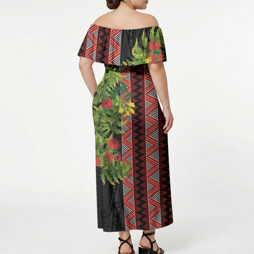 Maori Tukutuku Off Shoulder Maxi Dress with Ferns Pohutukawa and Kowhai Tribal Moko Patterns