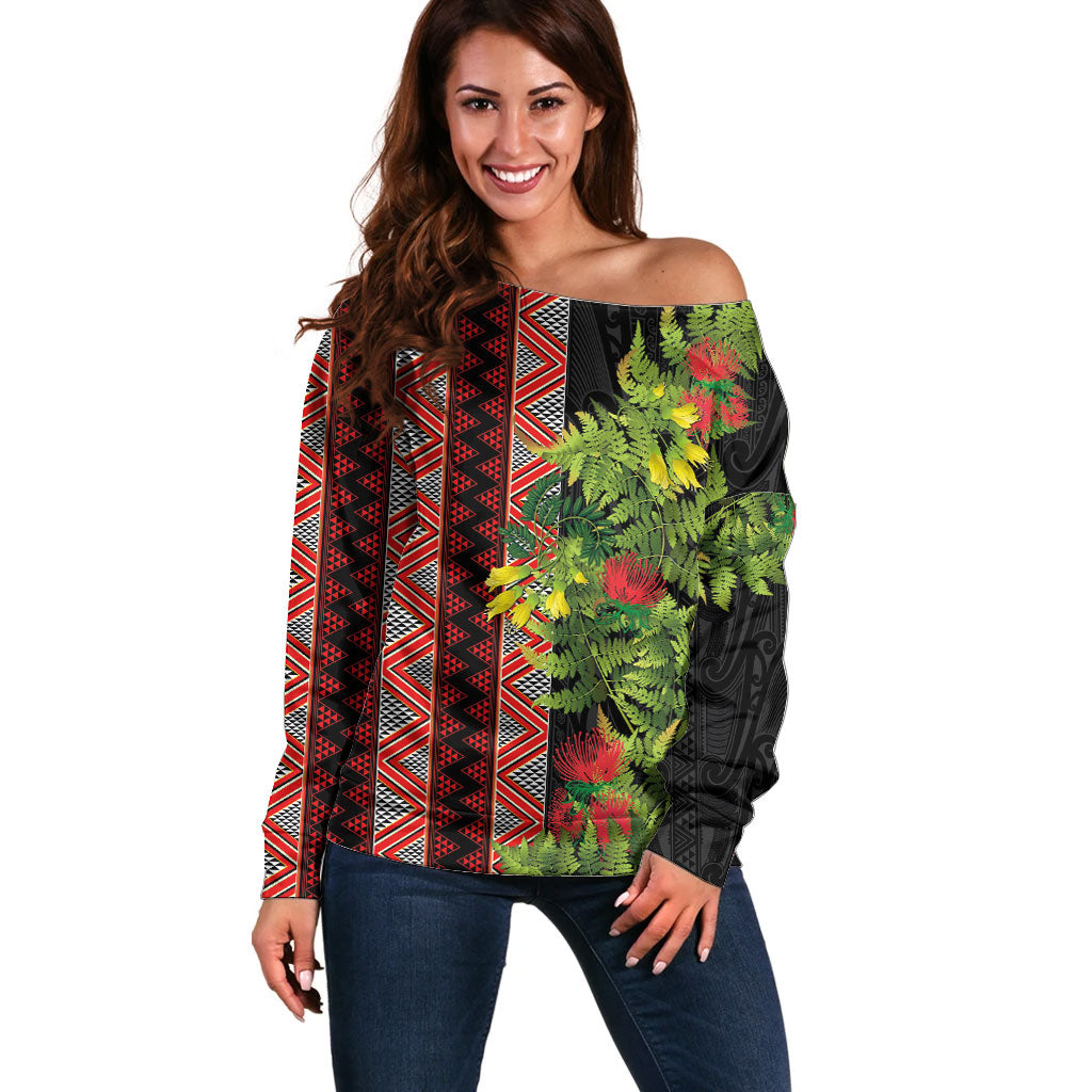 Maori Tukutuku Off Shoulder Sweater with Ferns Pohutukawa and Kowhai Tribal Moko Patterns