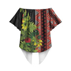 Maori Tukutuku Off Shoulder Wrap Waist Top with Ferns Pohutukawa and Kowhai Tribal Moko Patterns