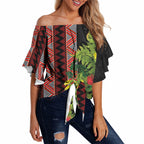 Maori Tukutuku Off Shoulder Wrap Waist Top with Ferns Pohutukawa and Kowhai Tribal Moko Patterns