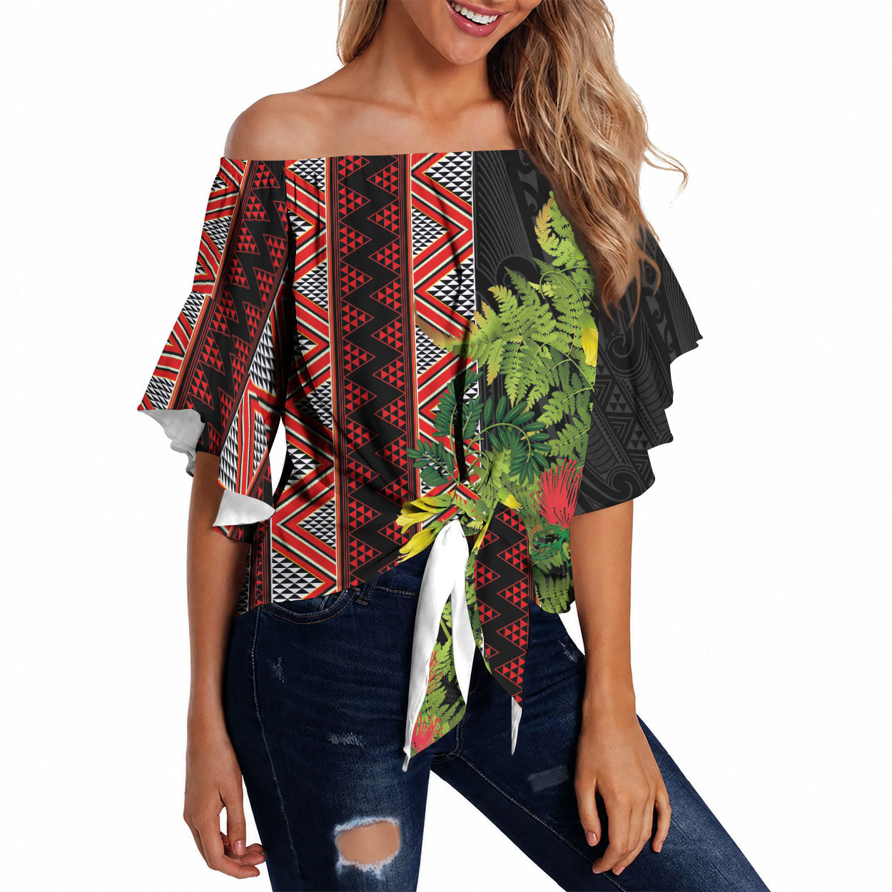 Maori Tukutuku Off Shoulder Wrap Waist Top with Ferns Pohutukawa and Kowhai Tribal Moko Patterns
