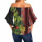 Maori Tukutuku Off Shoulder Wrap Waist Top with Ferns Pohutukawa and Kowhai Tribal Moko Patterns