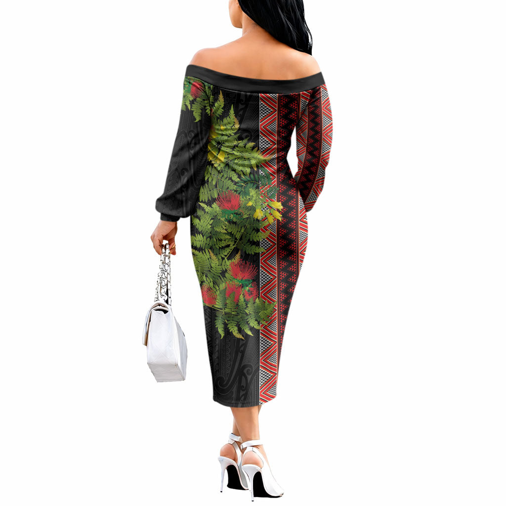 Maori Tukutuku Off The Shoulder Long Sleeve Dress with Ferns Pohutukawa and Kowhai Tribal Moko Patterns