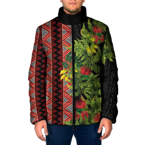 Maori Tukutuku Padded Jacket with Ferns Pohutukawa and Kowhai Tribal Moko Patterns