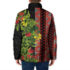 Maori Tukutuku Padded Jacket with Ferns Pohutukawa and Kowhai Tribal Moko Patterns
