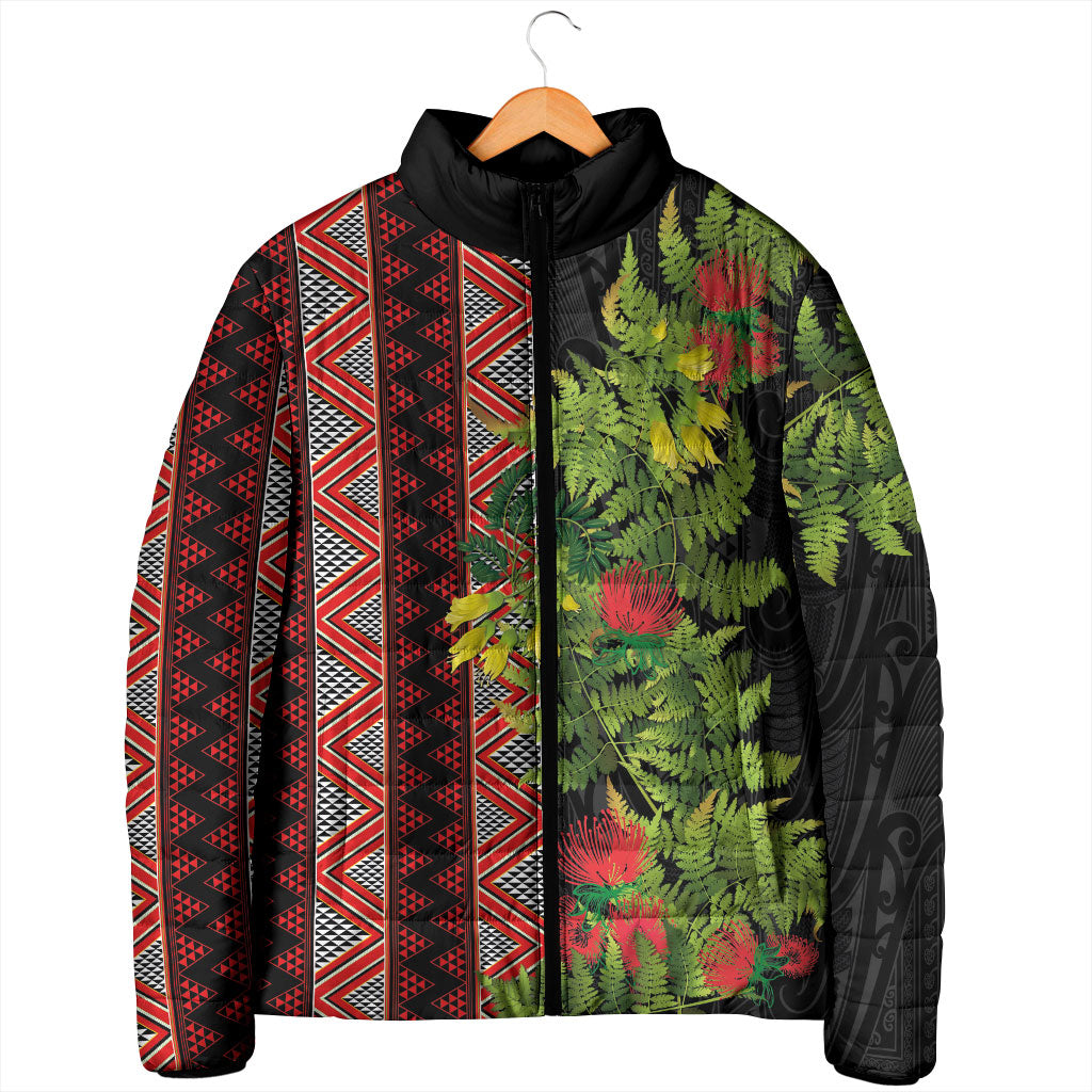 Maori Tukutuku Padded Jacket with Ferns Pohutukawa and Kowhai Tribal Moko Patterns