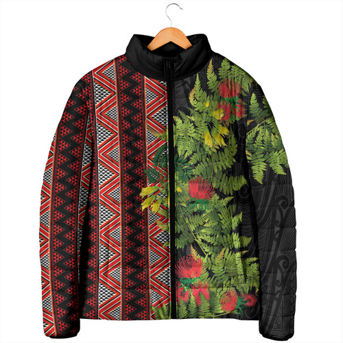 Maori Tukutuku Padded Jacket with Ferns Pohutukawa and Kowhai Tribal Moko Patterns