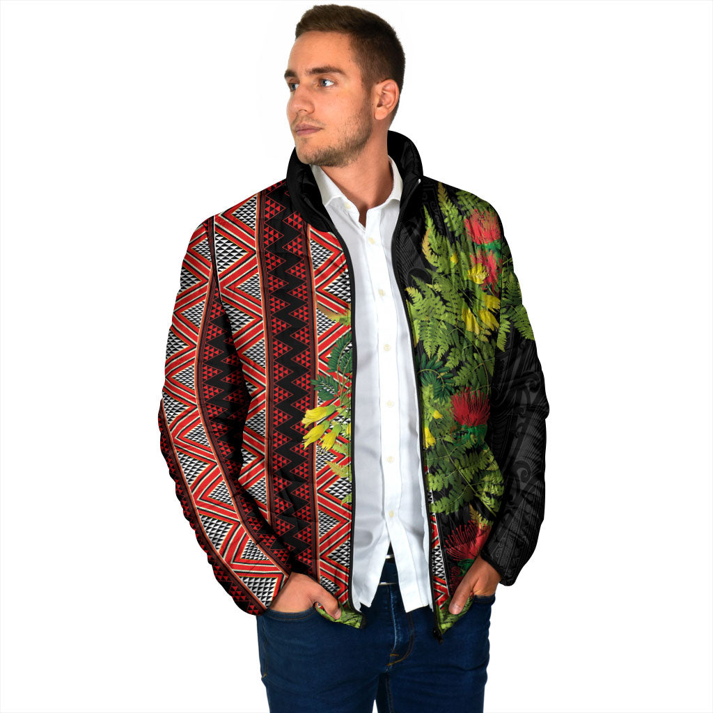 Maori Tukutuku Padded Jacket with Ferns Pohutukawa and Kowhai Tribal Moko Patterns
