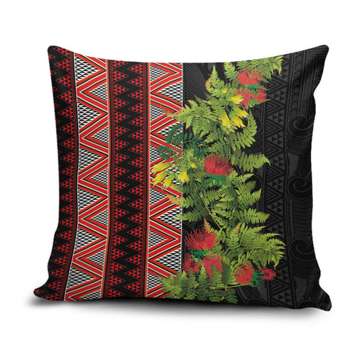 Maori Tukutuku Pillow Cover with Ferns Pohutukawa and Kowhai Tribal Moko Patterns