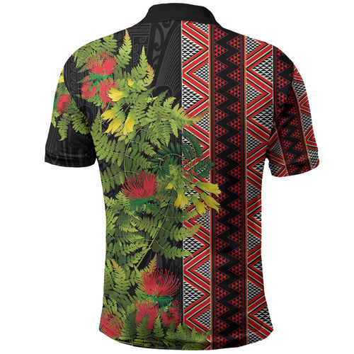 Maori Tukutuku Polo Shirt with Ferns Pohutukawa and Kowhai Tribal Moko Patterns