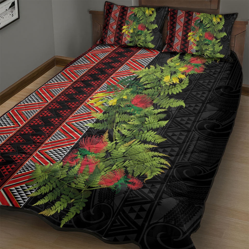 Maori Tukutuku Quilt Bed Set with Ferns Pohutukawa and Kowhai Tribal Moko Patterns