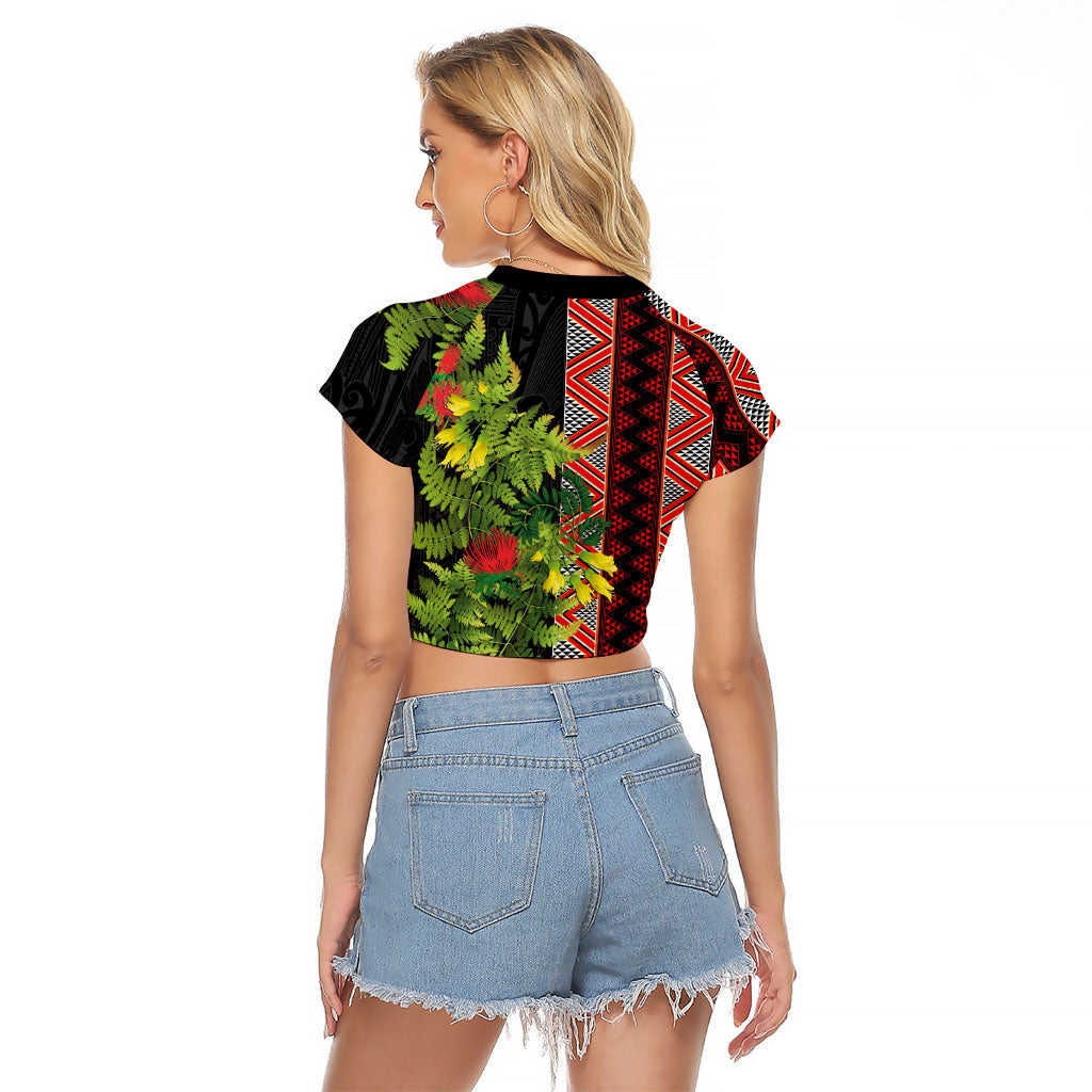 Maori Tukutuku Raglan Cropped T Shirt with Ferns Pohutukawa and Kowhai Tribal Moko Patterns