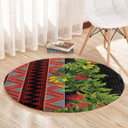 Maori Tukutuku Round Carpet with Ferns Pohutukawa and Kowhai Tribal Moko Patterns