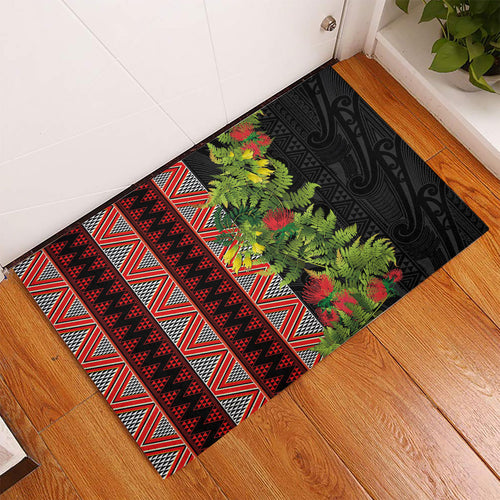 Maori Tukutuku Rubber Doormat with Ferns Pohutukawa and Kowhai Tribal Moko Patterns