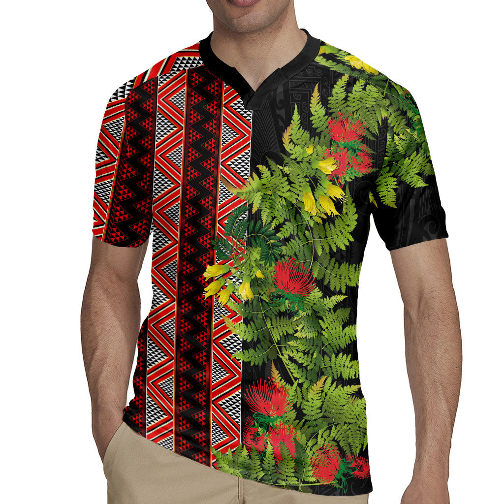 Maori Tukutuku Rugby Jersey with Ferns Pohutukawa and Kowhai Tribal Moko Patterns