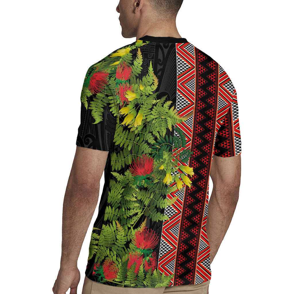 Maori Tukutuku Rugby Jersey with Ferns Pohutukawa and Kowhai Tribal Moko Patterns