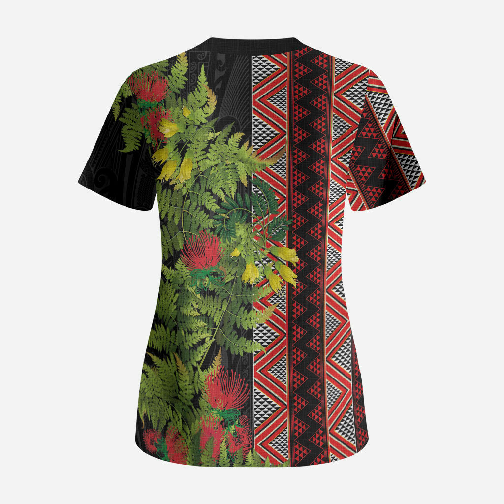 Maori Tukutuku Scrub Top with Ferns Pohutukawa and Kowhai Tribal Moko Patterns