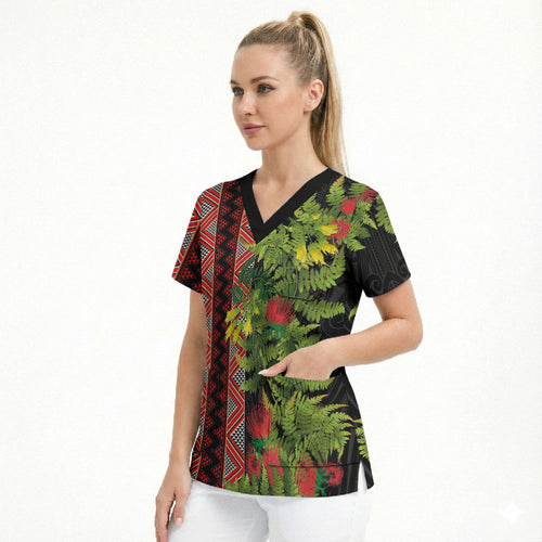 Maori Tukutuku Scrub Top with Ferns Pohutukawa and Kowhai Tribal Moko Patterns